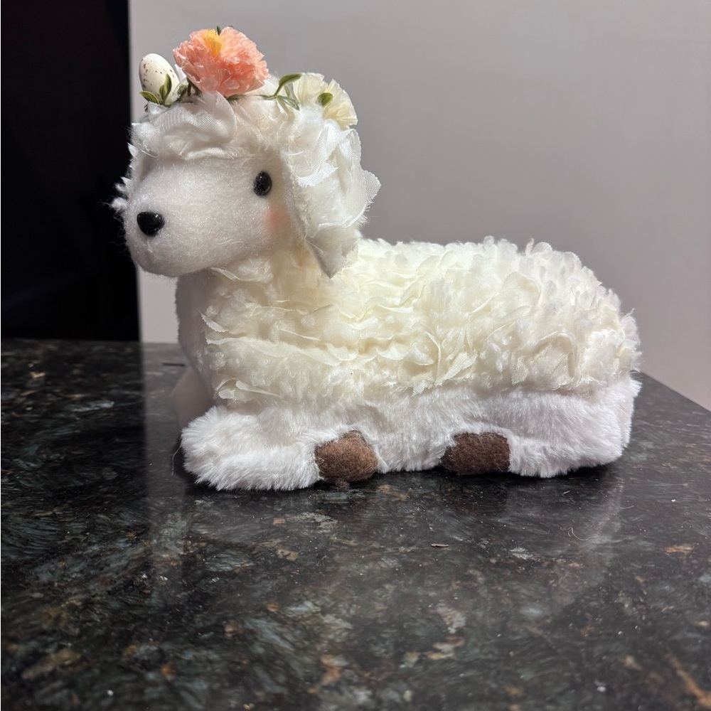 Spring Farmhouse Wooly Sheep Lamb w Flower Crown Nursery Decor NEW